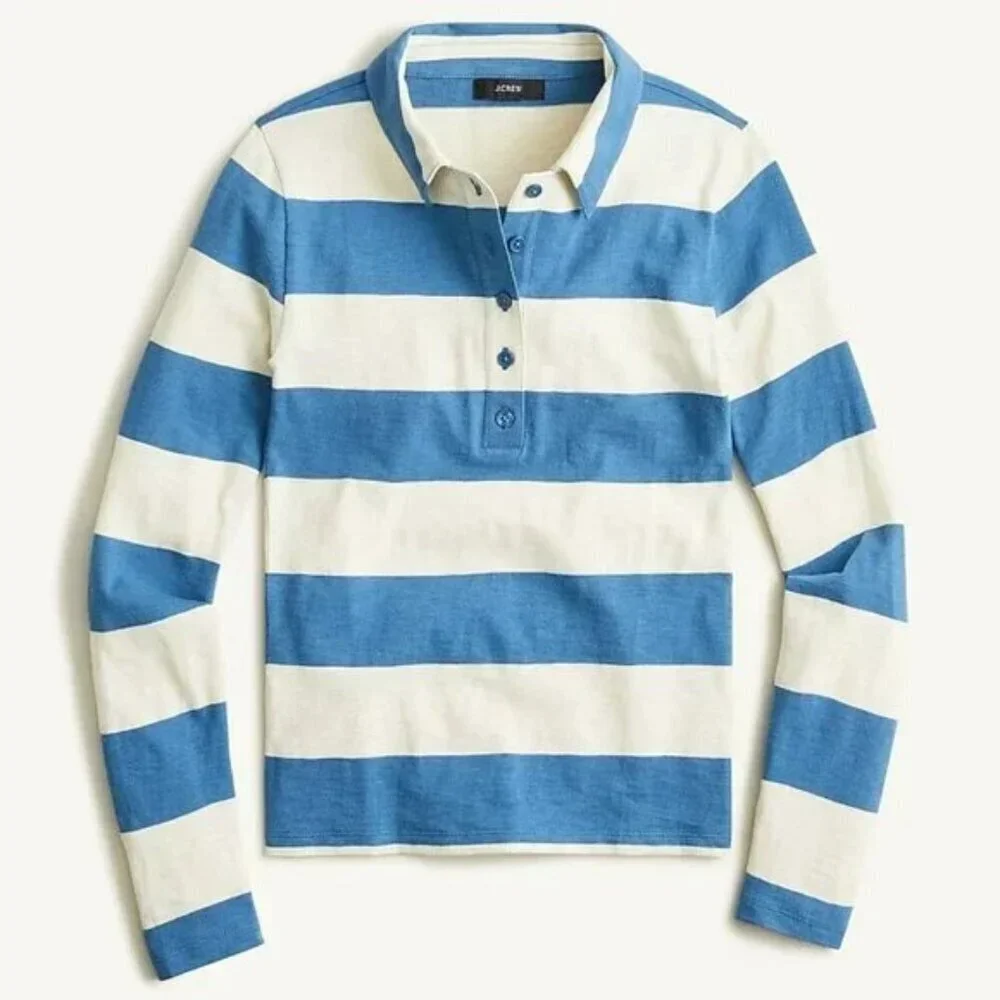 J Crew Blue Striped Long Sleeve Polo Rugby Shirt Size S Preppy Retro Academia